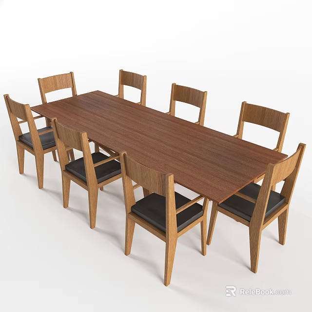 Solid Wood Rectangular Dining Table Set With Six Black Cushioned Chairs 3d model