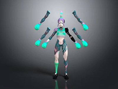 Children's Playful Fantasy Character With Purple Hair Multiple Arms And Colorful Green And Blue Outfit 3d model