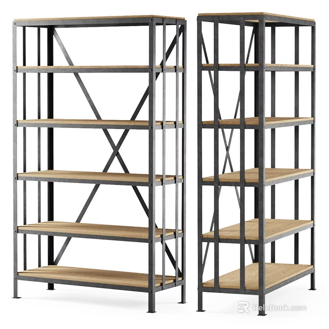 Industrial Style Metal Frame Shelving Unit With Wooden Shelves And Cross Bracing 3d model 