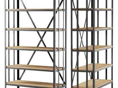 Industrial Style Metal Frame Shelving Unit With Wooden Shelves And Cross Bracing 3d model