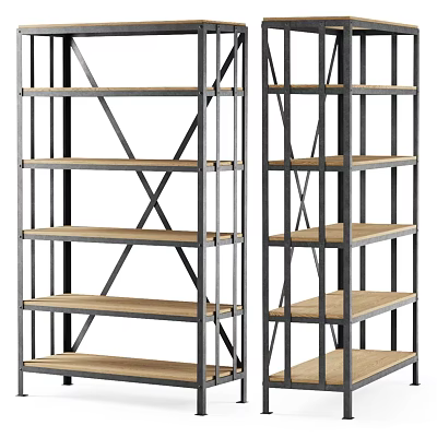 Industrial Style Metal Frame Shelving Unit With Wooden Shelves And Cross Bracing 3d model