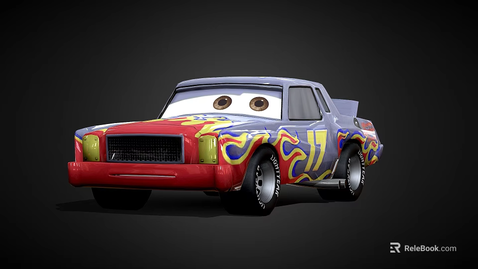Vintage Muscle Car With Red Yellow Blue Flame Decals And Cartoon Eyes Number 7 3d model 