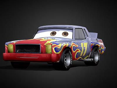 Vintage Muscle Car With Red Yellow Blue Flame Decals And Cartoon Eyes Number 7 3d model