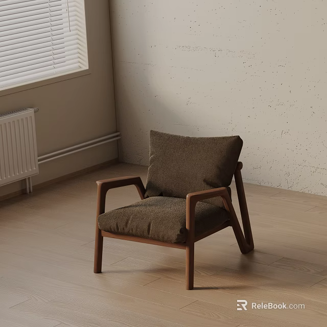 Leisure Chair With Wooden Arms And Brown Cushion In Modern Interior Room 3d model 