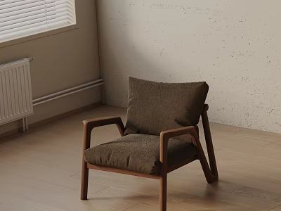 Leisure Chair With Wooden Arms And Brown Cushion In Modern Interior Room 3d model