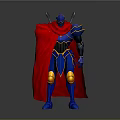 Standing Blue Armored Character With Red Cape And Gold Accent Details