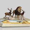 Male Lion and Stags Standing on Rocky Grassland with Natural Landscape Elements