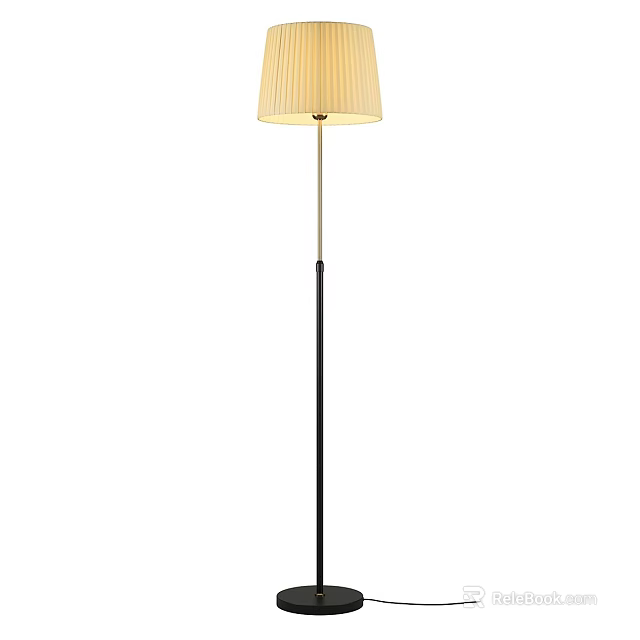 Modern Floor Lamp With Cylindrical Fabric Shade And Slim Black Gold Metal Pole Design 3d model 
