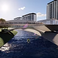 Landscape Bridge Connecting Urban Area With Vehicles Pedestrians And Green Trees