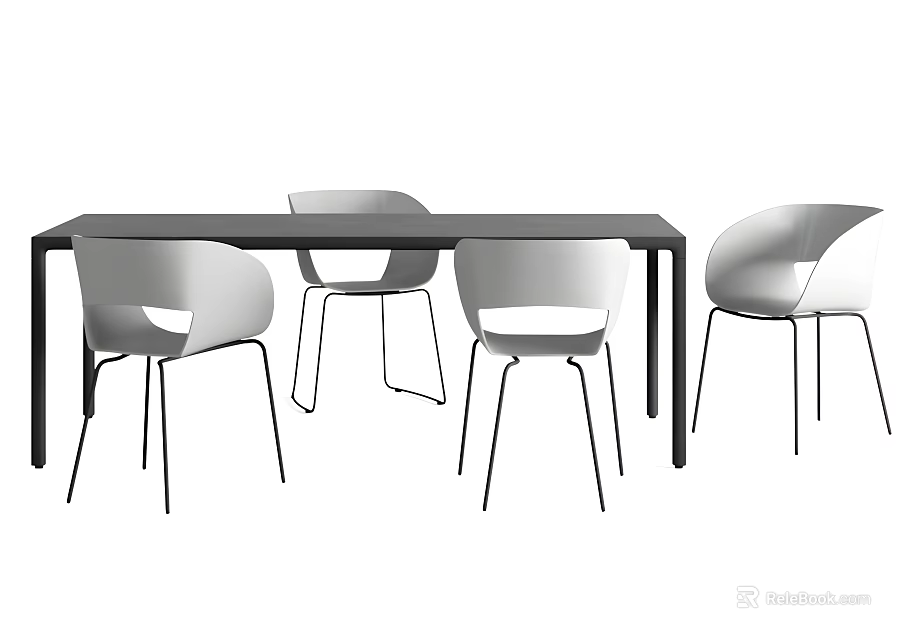 Modern Dining Table Set Featuring Black Table White Chairs And Metal Legs 3d model