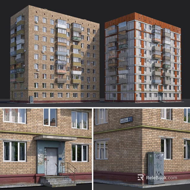 Multi Story Residential Buildings With Brick Exterior Windows Balconies And Different Facade Designs 3d model 