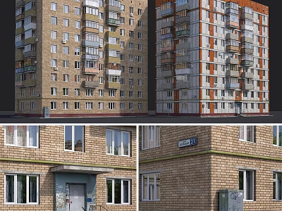 Multi Story Residential Buildings With Brick Exterior Windows Balconies And Different Facade Designs 3d model