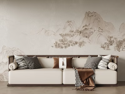 White Multi Seater Sofa With Decorative Pillows And Landscape Wall Art 3d model