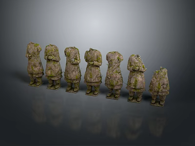 Ancient Sculptures With Weathered Texture And Moss Arranged In A Row On Gray Background 3d model
