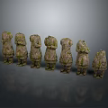 Ancient Sculptures With Weathered Texture And Moss Arranged In A Row On Gray Background