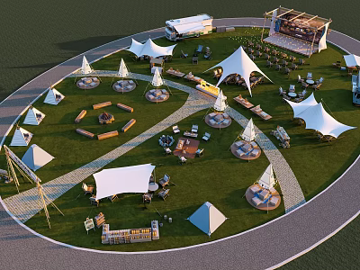 Scenic Camping Site With Circular Layout White Tents Grass Area And Fire Pit 3d model