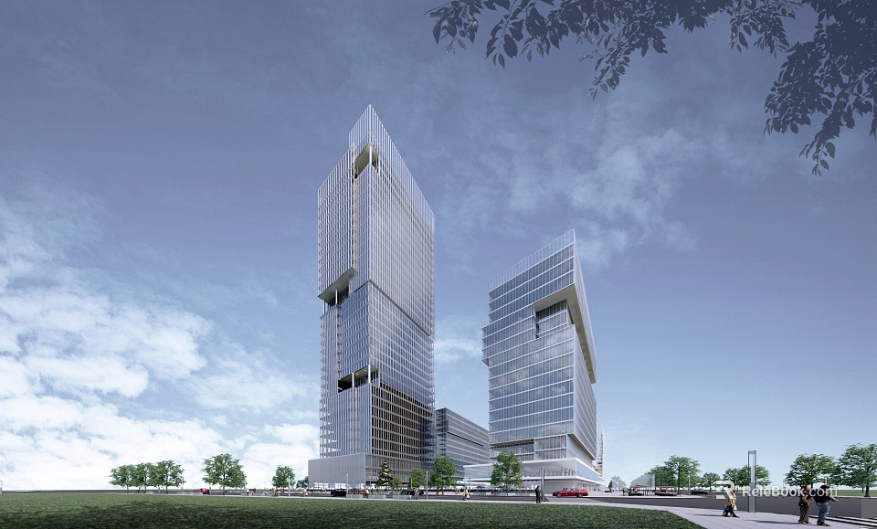 Modern Tall Office Buildings With Glass Facades Surrounded By Greenery And Trees 3d model 