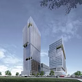 Modern Tall Office Buildings With Glass Facades Surrounded By Greenery And Trees