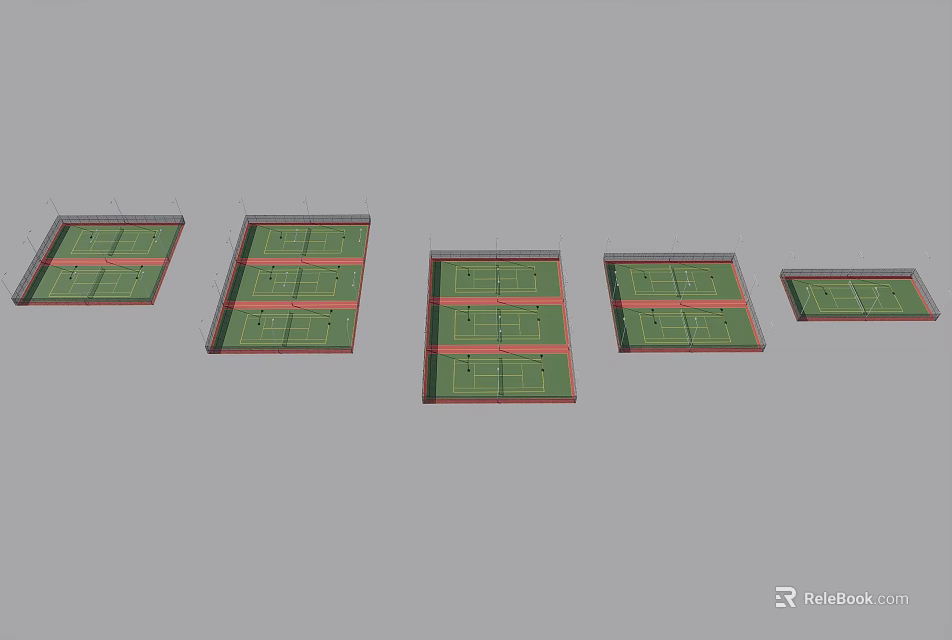 Various Sizes And Layouts Of Green Tennis Courts With Red Boundary Lines 3d model 