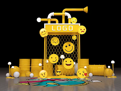 Yellow Grid Structure With LOGO Smiley Faces Oil Barrels And Pipes 3d model