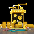 Yellow Grid Structure With LOGO Smiley Faces Oil Barrels And Pipes