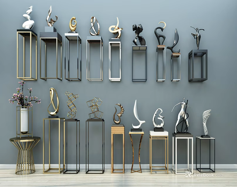 Elegant Decorative Ornament Combination With Metal Display Stands Gold Black White Figurines 3d model 