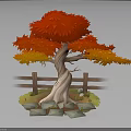 Vibrant Tree With Red And Orange Leaves Thin Trunk Wooden Fence Stones And Small Flowers