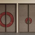 Double Doors Interior Design With Brown Frames Linen Textured Panels And Red Circular Decorations