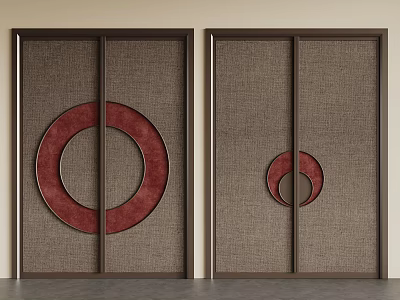 Double Doors Interior Design With Brown Frames Linen Textured Panels And Red Circular Decorations 3d model