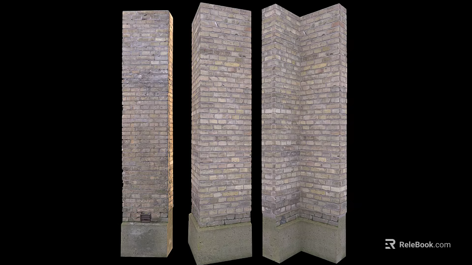 Three Different Angles of Brick Wall Structures With Base Foundation and Detailed Texture 3d model 