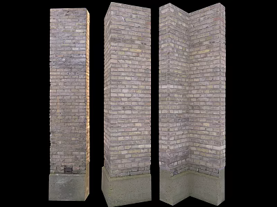 Three Different Angles of Brick Wall Structures With Base Foundation and Detailed Texture 3d model
