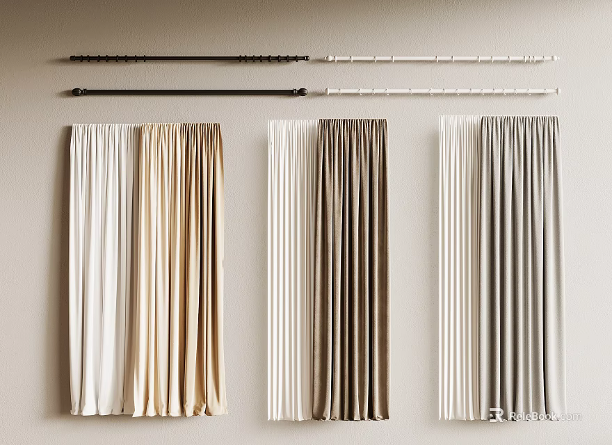 Window Curtains In White Beige Brown Gray With Curtain Rods For Home Decor 3d model 