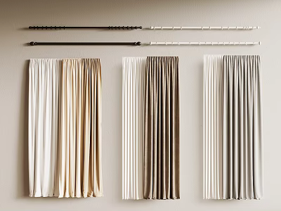Window Curtains In White Beige Brown Gray With Curtain Rods For Home Decor 3d model