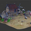 Cartoon Countryside Scene with Cottage Red Roof Windmill Sheep and Wooden Barrels