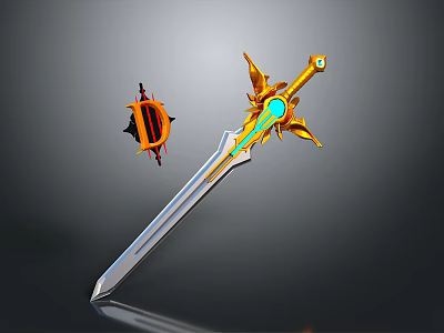 Fantasy Sword With Golden Decoration Glowing Blue Gem And D Emblem 3d model
