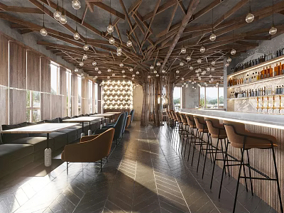 Modern Restaurant Interior With Wooden Ceiling Pendant Lights And Bar Seating 3d model