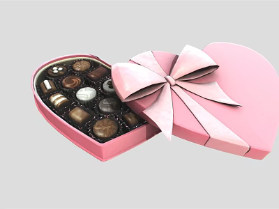 Adorable Decorative Ornament Set with Open Heart Shaped Pink Box and Pink Bow Chocolate Ornaments 3d model