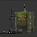 Vintage Electronic Appliances Old Green Communication Equipment With Knobs Buttons Headphones Microphone And Cables