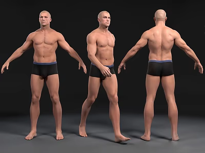 Muscular Man In Black Underwear With Front Side Back Full Body Views 3d model