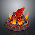 Volcanic Themed Decorative Structure With Lava Red Design Flaming Accents And Circular Stone Base