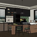 Elegant Modern Restaurant Kitchen With Wooden Island Pendant Lights And Dark Cabinets