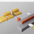 Modern Sofa and Coffee Table Set with Yellow Gray Sofas Orange Stools and White Tables