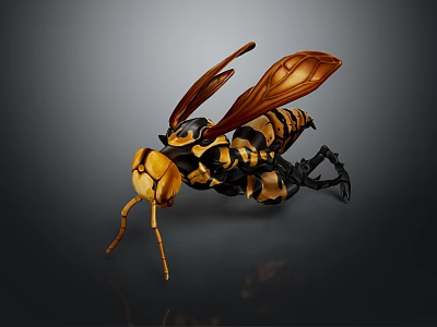 Realistic Wasp Model With Yellow And Black Stripes And Brown Wings On Dark Background 3d model