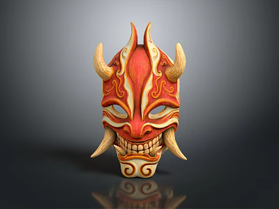 Red Decorative Mask With Horns Tusks And Traditional Patterns For Home Living Essentials 3d model