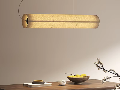 Natural Woven Long Pendant Light Over Wooden Table With Lemons Flower Branch And Books 3d model