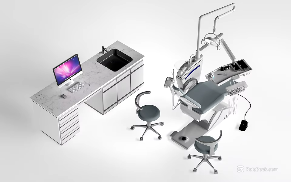 Advanced Medical Equipment Dental Treatment Chair Workstation With Computer Sink And Stools 3d model 