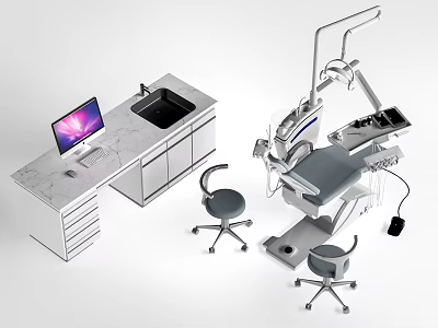 Advanced Medical Equipment Dental Treatment Chair Workstation With Computer Sink And Stools 3d model