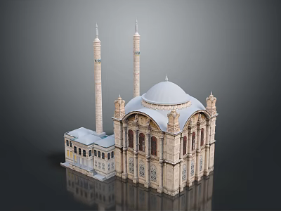 Historic Mosque Architecture with Twin Minarets Dome and Ornate Facade 3d model