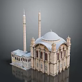 Historic Mosque Architecture with Twin Minarets Dome and Ornate Facade 3d model