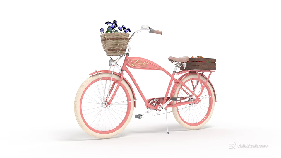 Vintage Pink Bicycle With Wicker Basket Purple Flowers And Rear Wooden Crate 3d model 